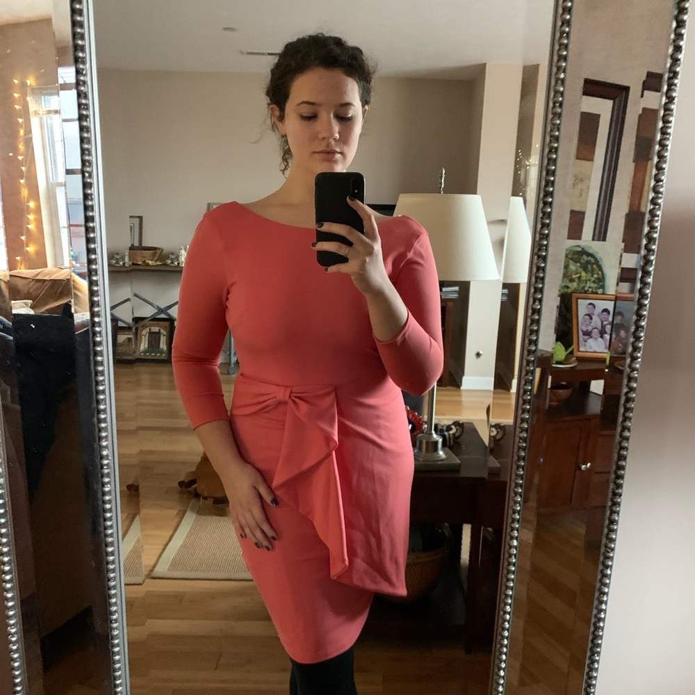 Rose colored, midi dress with bow accent